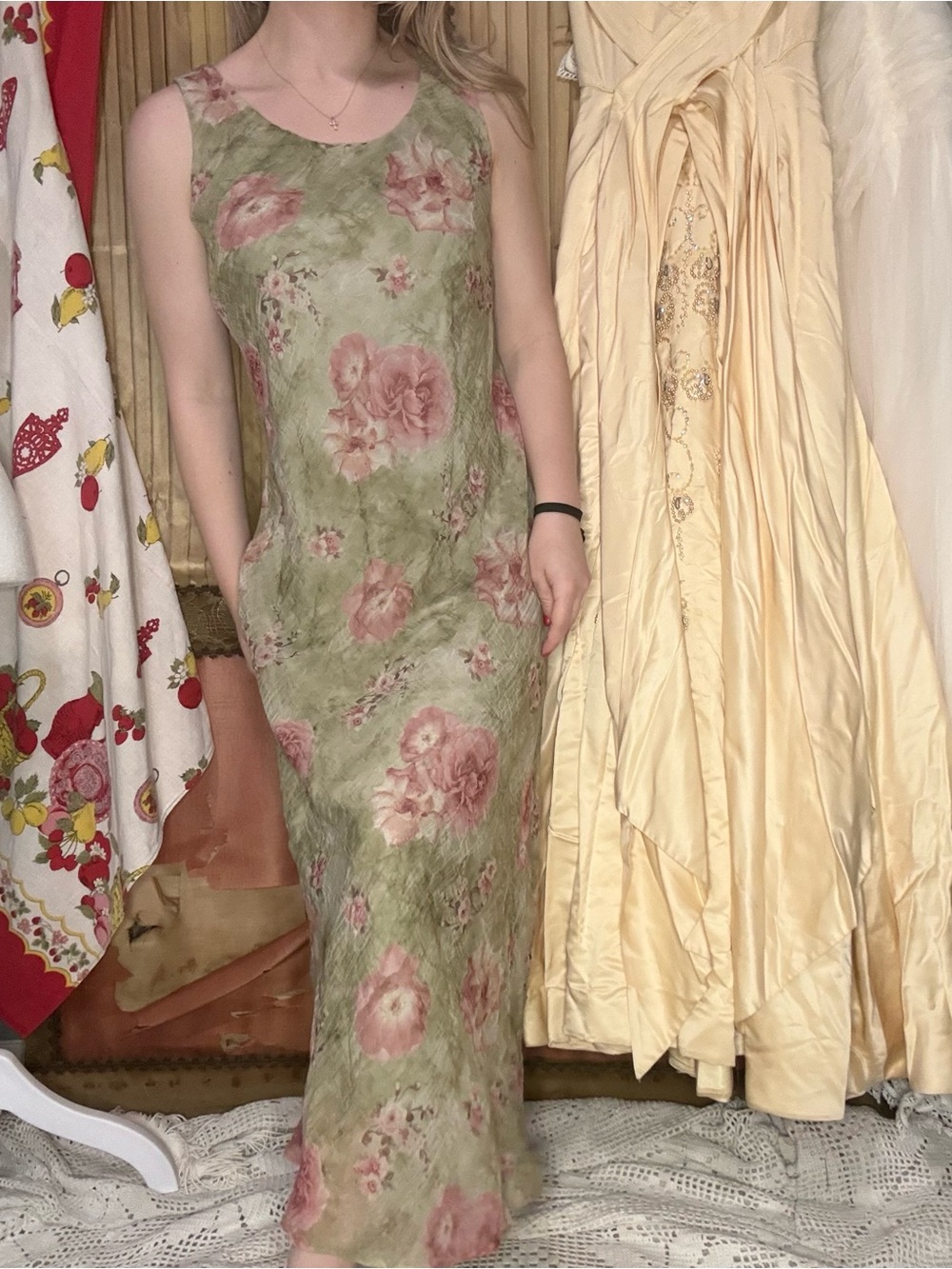Vintage 90’s Sleeveless Olive Green Floral Maxi Dress with Pink Rose Print